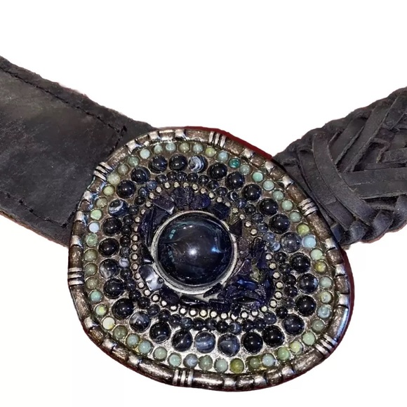 Jessica Simpson Women’s Black Braided Leather Belt L Beaded Gem Buckle Boho - Picture 1 of 16